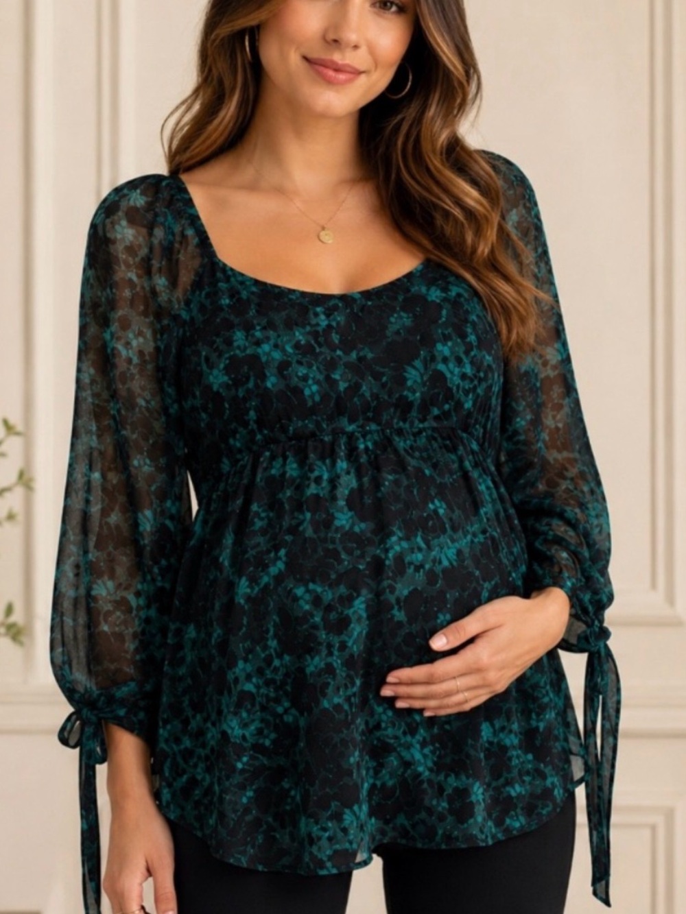NWT Isabel Maternity by Ingrid & Isabel Teal Floral Empire Waist Blouse